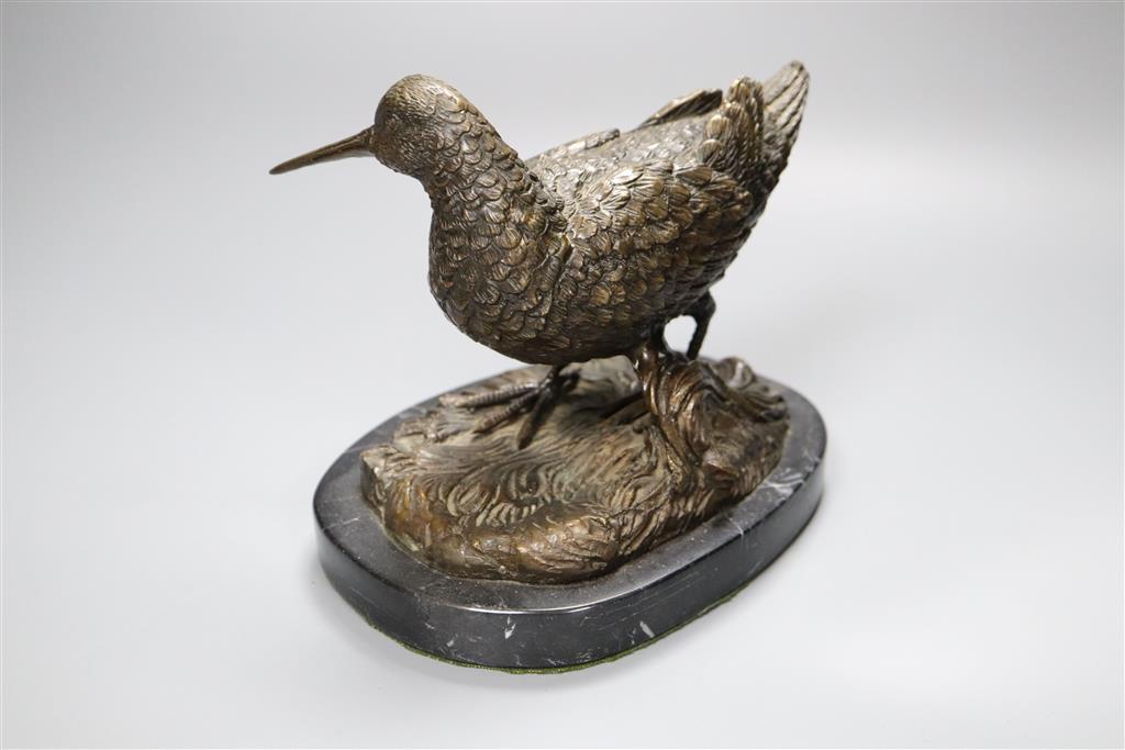 A Christofle silver plated wine basket, length 24cm and a bronze model of a wading bird, on oval marble plinth, 16cm